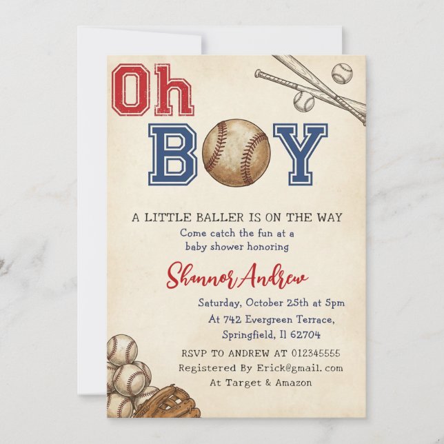 Personal Vintage Sport Baseball Baby Shower Invitation (Front)