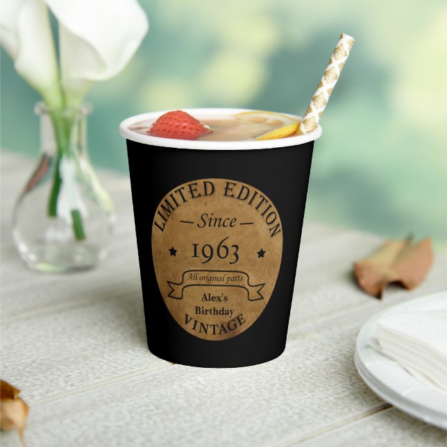 Personaliazed sixty vintage 60th birthday party paper cups (Insitu)