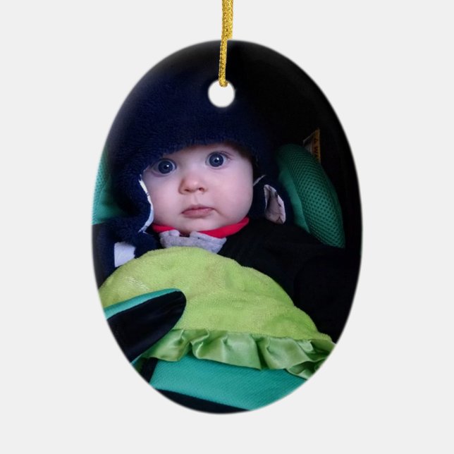 Personalied Baby Photo Heart with  Name & Year Ceramic Ornament (Front)