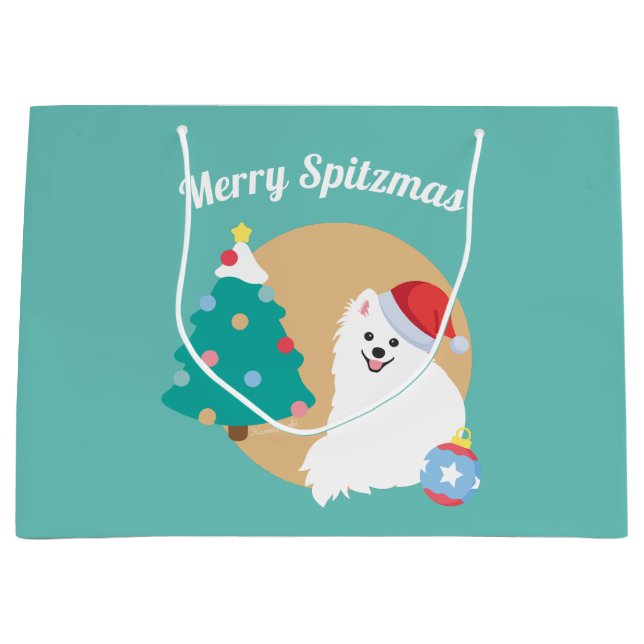 Personalisable - Cute Japanese Spitz Dog Christmas Large Gift Bag (Front)
