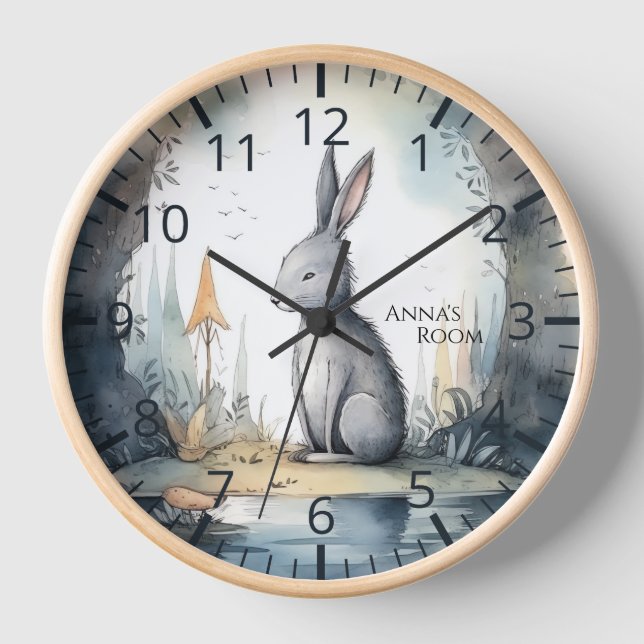 Personalisable Cute watercolor Rabbit Clock (Front)