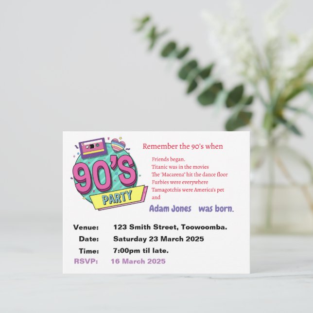 Personalise 90s retro party invitation postcard (Standing Front)