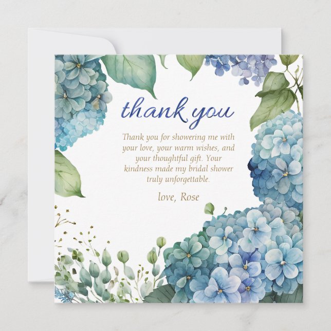 Personalise Bridal Shower Blue Hydrangea  Thank You Card (Front)