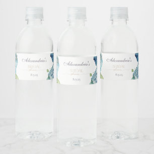 Personalise Bridal Shower Blue Hydrangeas Water Bottle Label