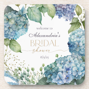 Personalise Bridal Shower Blue Hydrangeas Welcome Coaster