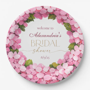 Personalise Bridal Shower Pink Hydrangeas Welcome Paper Plate