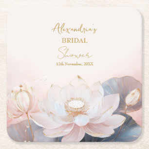 Personalise Bridal Shower Pink Lotus No 9 Square Paper Coaster