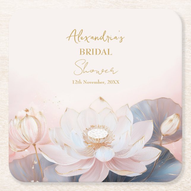 Personalise Bridal Shower Pink Lotus No 9 Square Paper Coaster (Front)