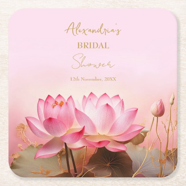 Personalise Bridal Shower Pink Lotus  Square Paper Coaster (Front)