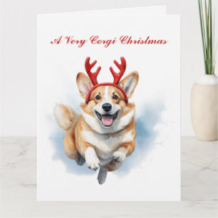 Personalise Christmas Corgi with Reindeer antlers  Card