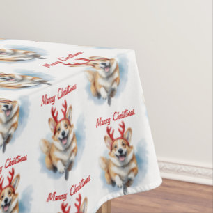 Personalise Christmas Corgi with Reindeer antlers  Tablecloth