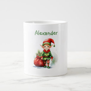 Personalise Christmas elf with a sack of gifts Large Coffee Mug