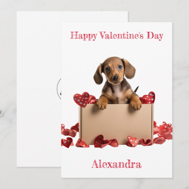 Personalise Dachshund Puppy in Box Valentine Card (Front/Back)