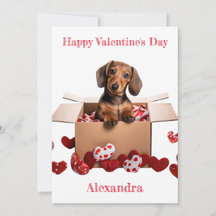 Personalise Dachshund Puppy with Hearts Valentine Holiday Card