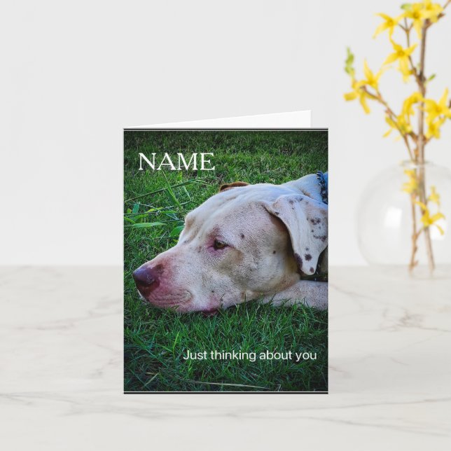 Personalise Dog thinking greeting card  (Yellow Flower)