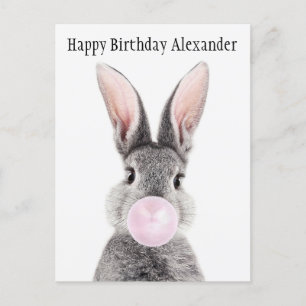 Personalise Grey rabbit blowing pink bubble gum Postcard