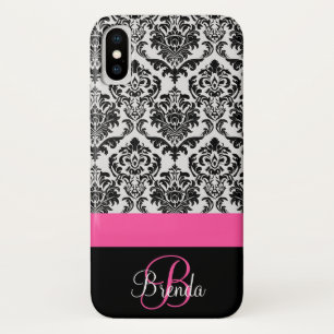 Personalise Hot Pink Black Damask Pattern Case-Mate iPhone Case