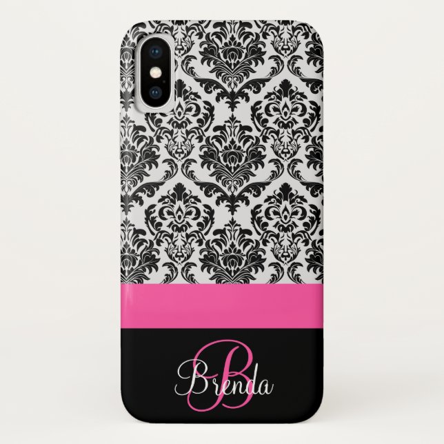 Personalise Hot Pink Black Damask Pattern Case-Mate iPhone Case (Back)