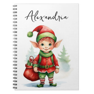 Personalise Name Christmas elf with sack of gifts Notebook