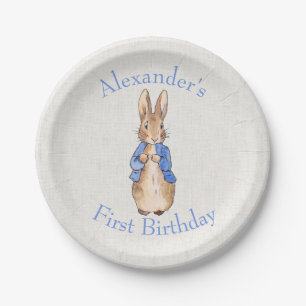 Personalise Peter the rabbit beige linen textured Paper Plate