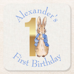 Personalise Peter the rabbit First birthday Square Paper Coaster