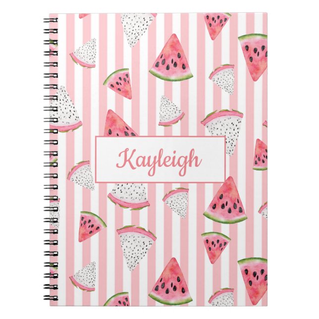 Personalise, Watermelon, Pink and White Stripes. Notebook (Front)