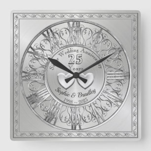 Personalised 25h Silver Wedding Anniversary Gift   Square Wall Clock