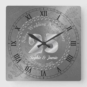 Personalised 25th Silver Anniversary Gift Idea Square Wall Clock