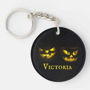 Personalised 2 sided yellow on black pumpkin face keychain
