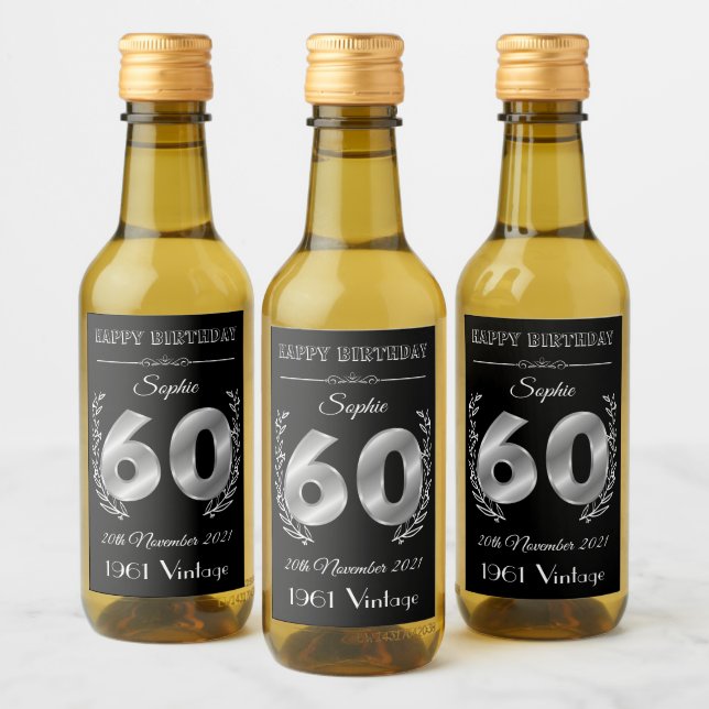 Personalised 60th Birthday Mini Wine Bottle Labels (Bottles)