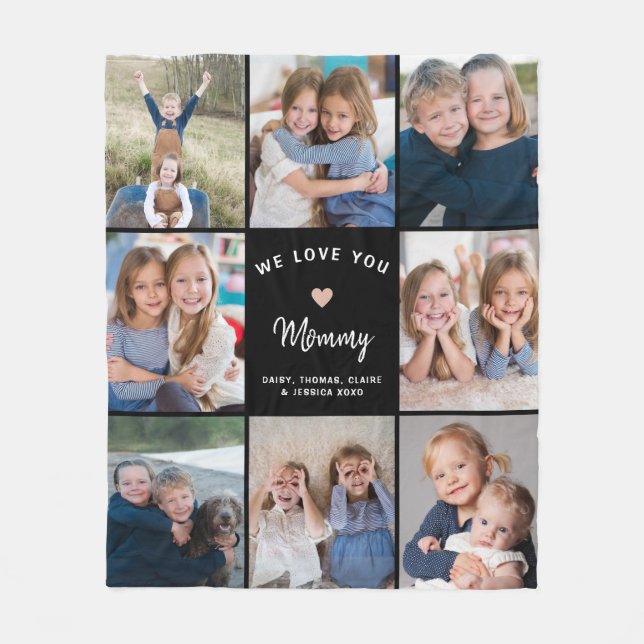 Personalised 8-photo Collage for Mommy Black Fleece Blanket (Front)