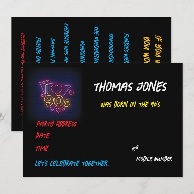 Personalised 90's Themed Retro Party Invitation (Front/Back)