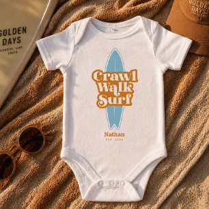 Personalised Baby Bodysuit, Crawl Walk Surf Summer Bodysuit