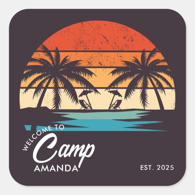 Personalised Beach Camp Bachelorette Party Custom Square Sticker (Front)