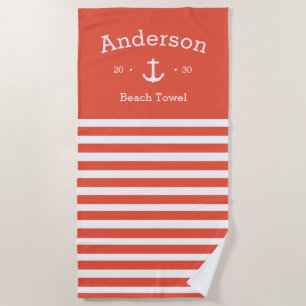 Personalised Beach Towel - Striped Orange Nautical