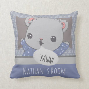 Personalised Bedtime Teddy Bear Blue Throw Pillow