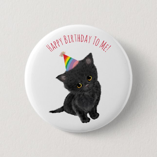 Personalised black kitten birthday badge 2 inch round button (Front)