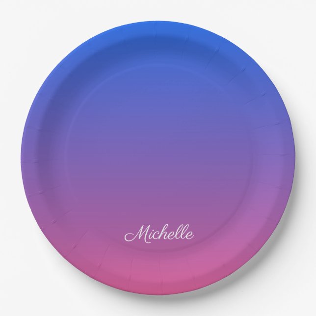 Personalised blue and pink ombre gradient paper plate (Front)