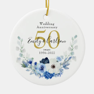 Personalised Blue and White Floral 50 Anniversary Ceramic Ornament