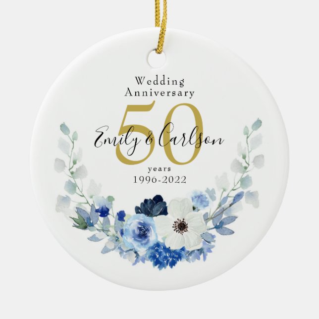 Personalised Blue and White Floral 50 Anniversary Ceramic Ornament (Front)