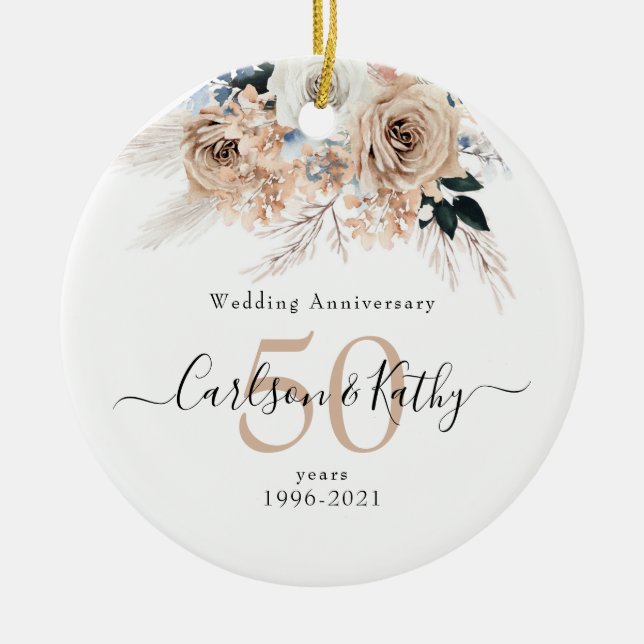 Personalised Blue Boho Floral 50 Anniversary Ceramic Ornament (Front)