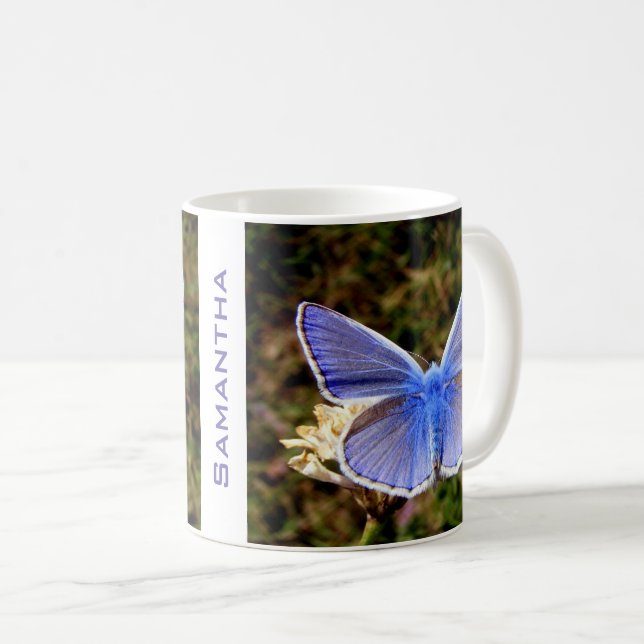 Personalised Blue Butterfly on White Flower Coffee Mug (Front Right)