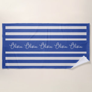 Personalised Blue Stripe Custom Initials Modern Beach Towel