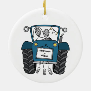 Personalised Blue Tractor Country Wedding Gift Ceramic Ornament
