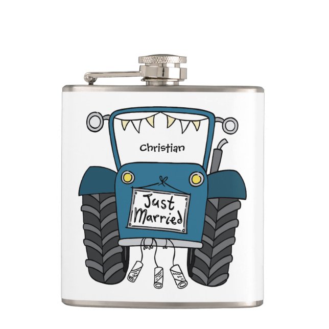 Personalised Blue Tractor Country Wedding Gift Hip Flask (Front)