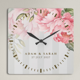Personalised Blush Peony Wedding Gift for Couple Square Wall Clock