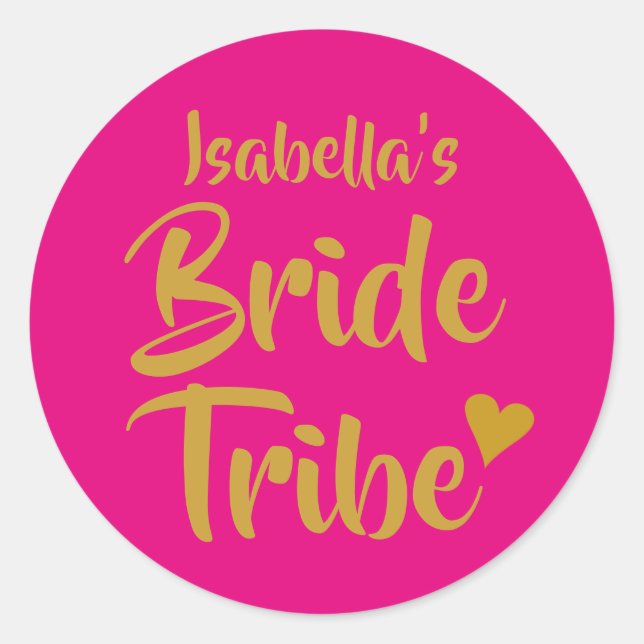 Personalised Bride Tribe Gold Heart Classic Round Sticker (Front)