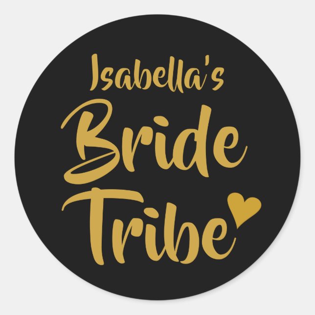 Personalised Bride Tribe Gold Heart Classic Round Sticker (Front)