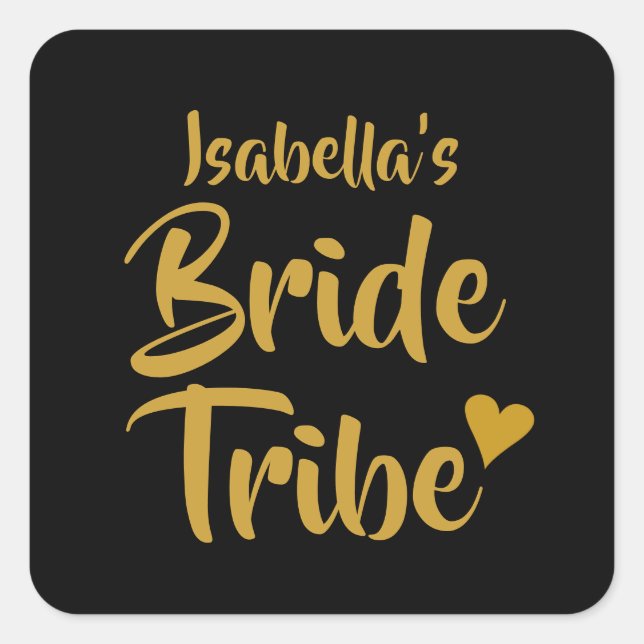 Personalised Bride Tribe Gold Heart Square Sticker (Front)