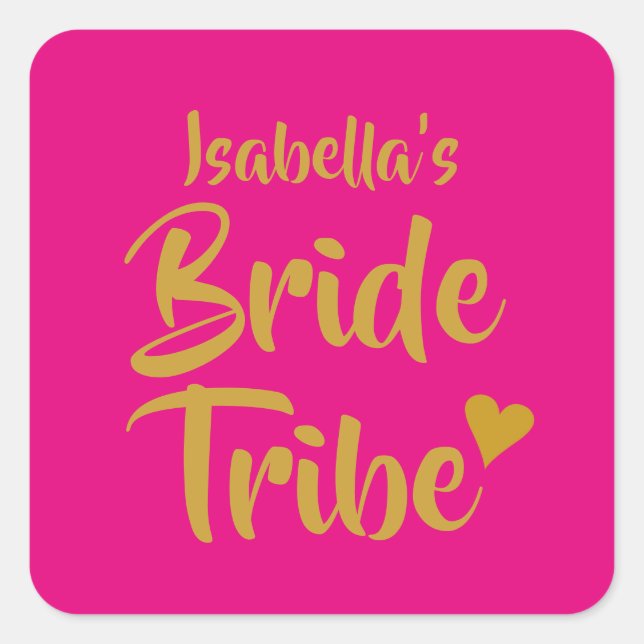 Personalised Bride Tribe Gold Heart Square Sticker (Front)